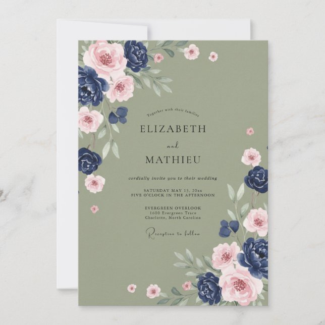 Invitation Mariage de printemps romantique aux fleurs navales (Devant)