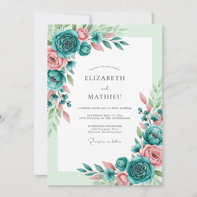 Invitation Mariage de printemps romantique aux teintes sarcel (Devant)