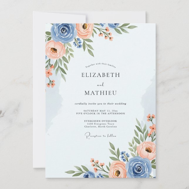 Invitation Mariage de printemps romantique bleu poussiéreux (Devant)