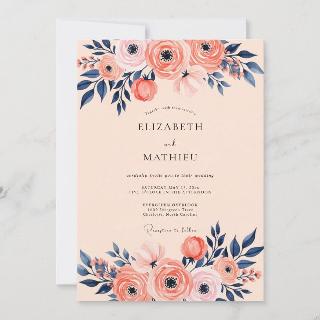 Invitation Mariage de printemps romantique pêche et marine (Devant)