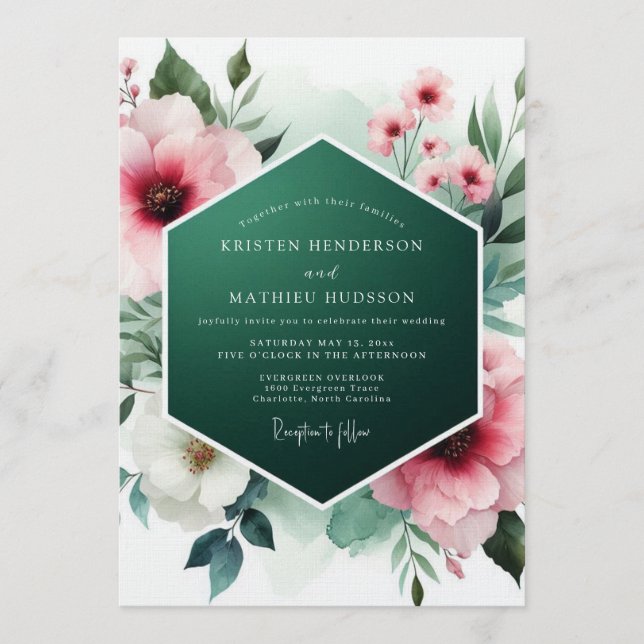 Invitation Mariage de printemps romantique rose et vert émera (Devant)