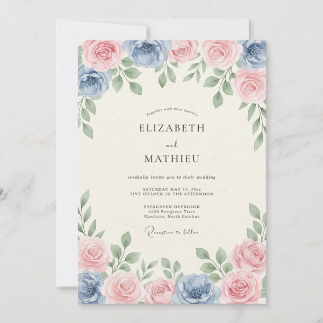 Invitation Mariage de printemps rosé bleu poussiéreux (Devant)