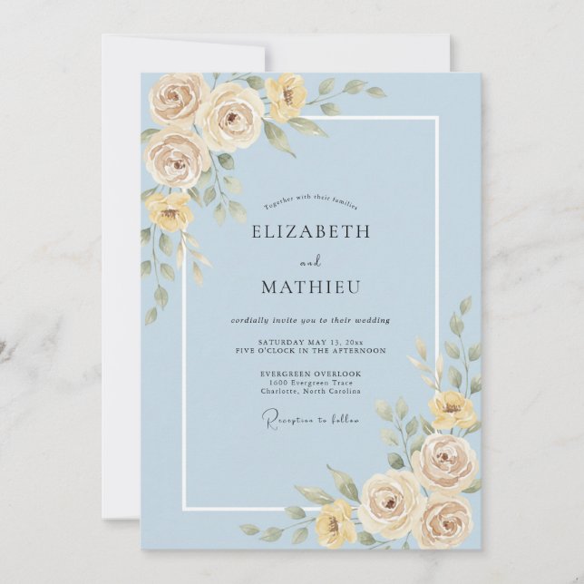 Invitation Mariage de printemps Rose Exquise Bleu Poudre (Devant)
