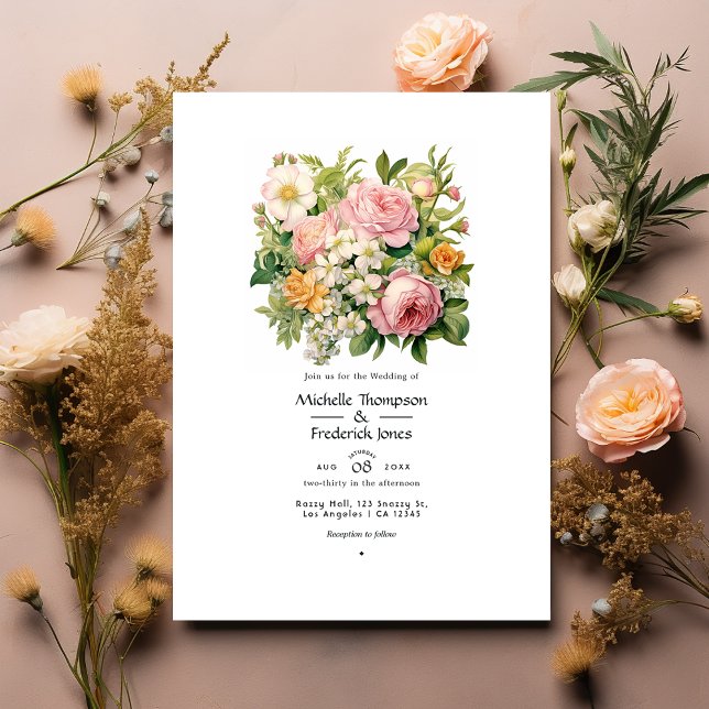 Invitation Mariage de printemps rose pastel, vert et brun sab (Créateur téléchargé)