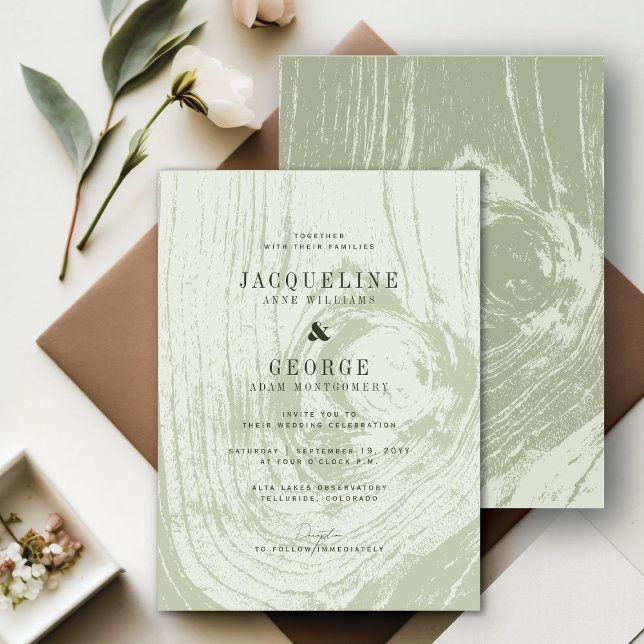 Invitation Mariage de printemps rustique moderne classique en (Classic Modern Rustic Moss Green Woodgrain Chic Spring Wedding Invitation @ fatfatin_blue_knot)