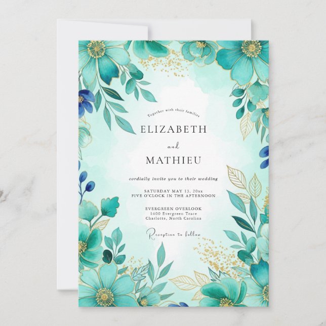 Invitation Mariage de printemps scintillant turquoise (Devant)