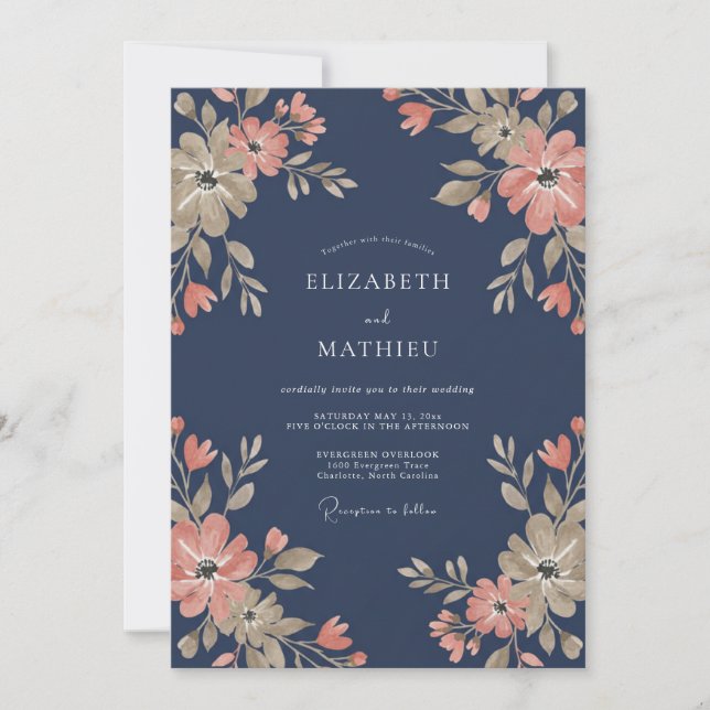 Invitation Mariage de printemps séduisant bleu marine (Devant)