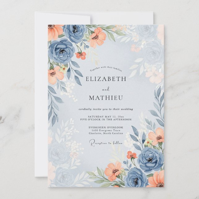 Invitation Mariage de printemps séduisant bleu poussiéreux (Devant)