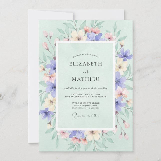 Invitation Mariage de printemps serein au vert écume de mer (Devant)