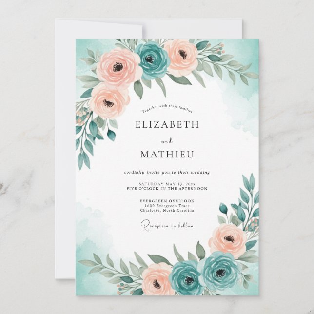 Invitation Mariage de printemps serein bleu sarcelle (Devant)