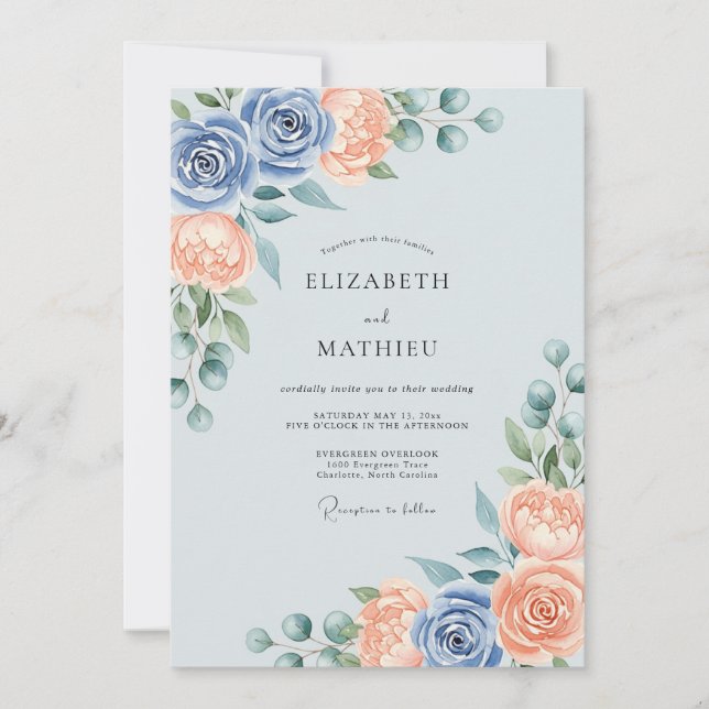 Invitation Mariage de printemps splendide bleu poussiéreux pê (Devant)