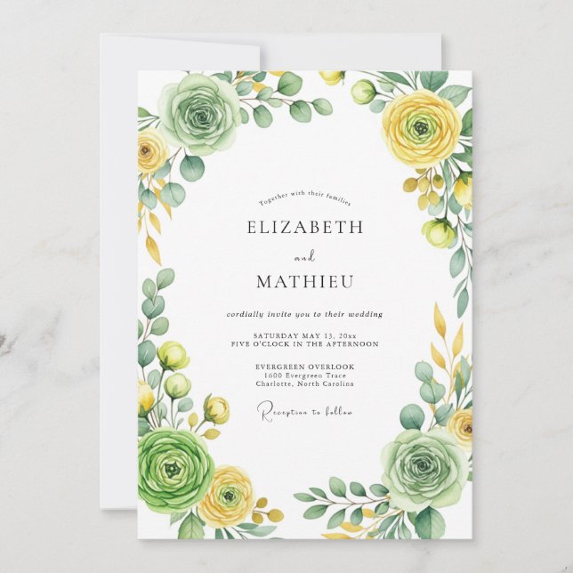 Invitation Mariage de printemps splendide vert sauge jaune (Devant)