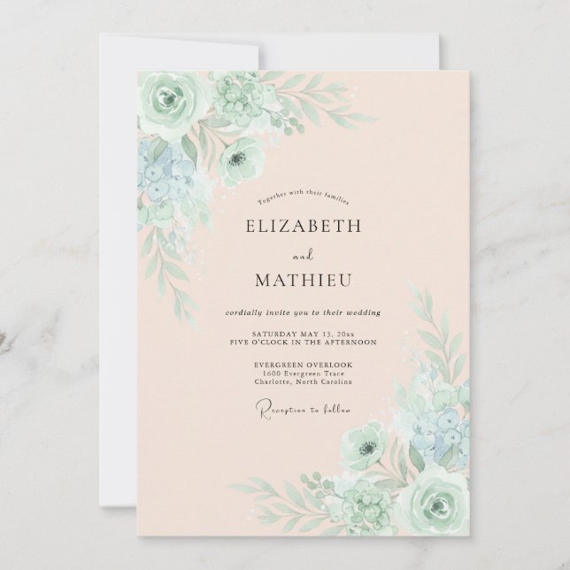 Invitation Mariage de printemps vert écume de mer (Devant)