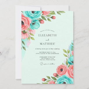 Invitation Mariage de printemps vibrant au corail sarcelle