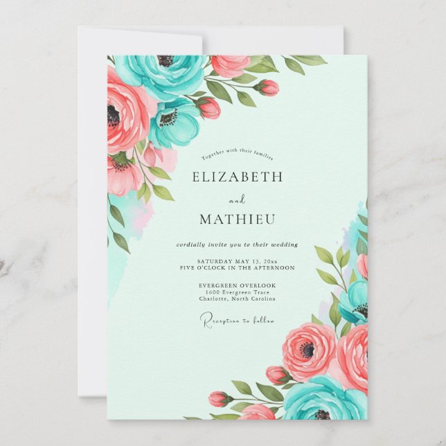 Invitation Mariage de printemps vibrant au corail sarcelle (Devant)