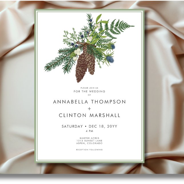 Invitation Mariage de pulvérisation rustique de pin d'hiver e (Rustic Winter Pine & Berries Spray Wedding Invitation)