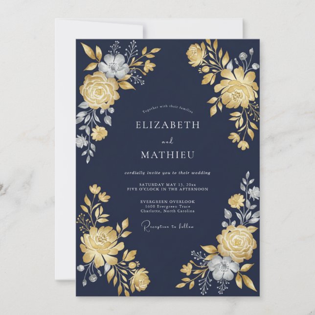Invitation Mariage de Ranunculus Eucalyptus Or de Minuit (Devant)
