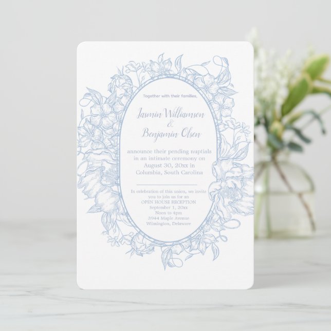 Invitation Mariage de réception élégant en bleu floral (Debout devant)