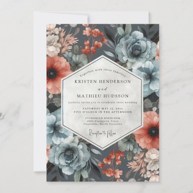Invitation Mariage de récolte florale bleu ardoise (Devant)