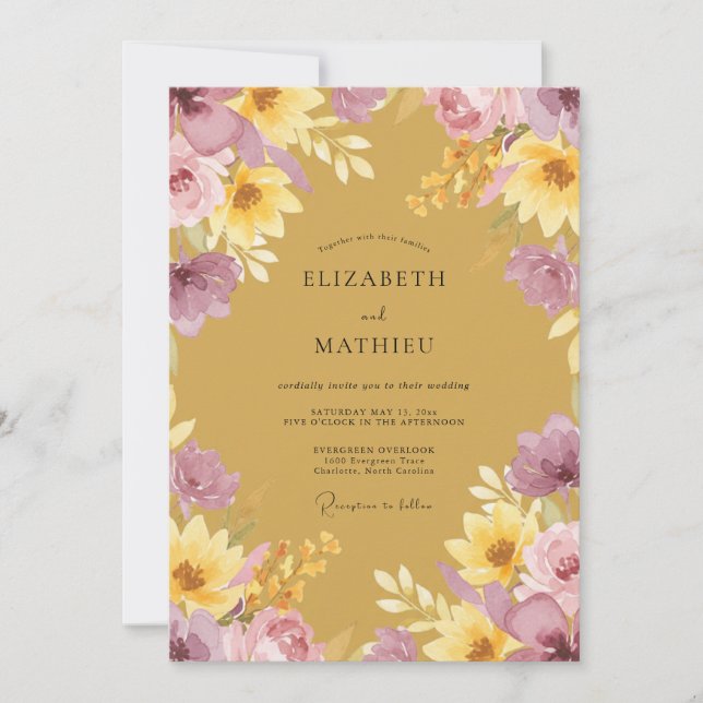 Invitation Mariage de récolte florale ocre (Devant)