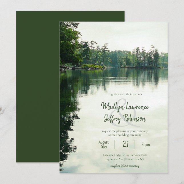 Invitation Mariage de reflet evergreens au bord du lac rustiq (Devant / Derrière)