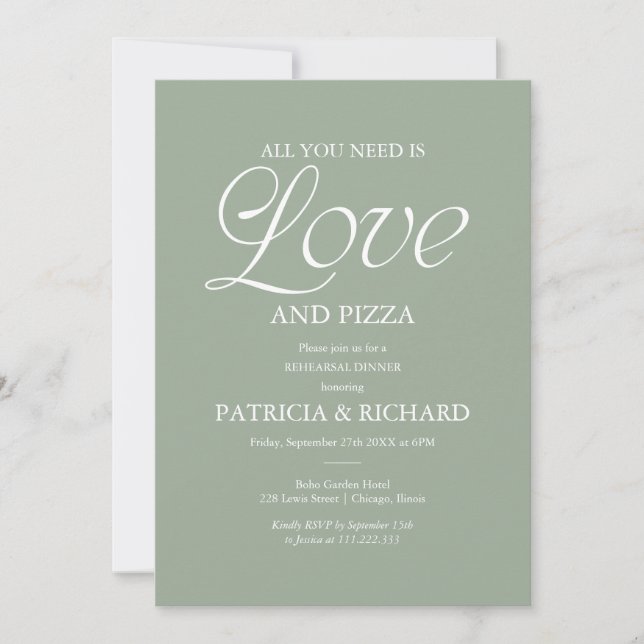 Invitation Mariage de répétition de pizza vert sauge moderne (Devant)