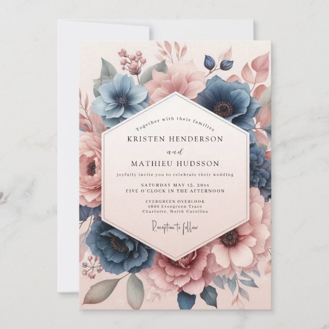 Invitation Mariage de rêve aux fleurs bleu poussière (Devant)