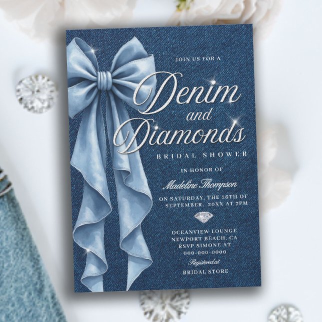 Invitation Mariage de Rêve avec Diamants et Denim Blanc et Bl (denim and diamonds bridal shower invitation blue white bow bling sparkles classy)