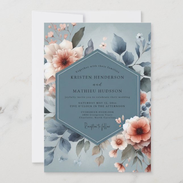 Invitation Mariage de rêve bleu ardoise et pêche (Devant)