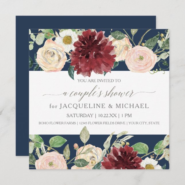 Invitation Mariage de Rêve Fleurs de Navy Chrysanthème Rose B (Devant / Derrière)