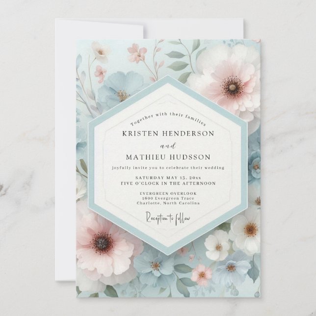 Invitation Mariage de rêve floral bleu pâle (Devant)