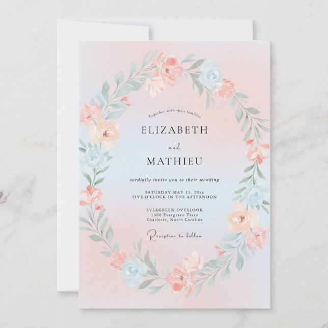 Invitation Mariage de rêve rose pastel et bleu printemps (Devant)