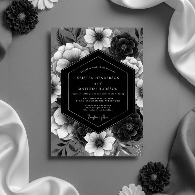 Invitation Mariage de Romance Opulente à Fleurs Noires (Créateur téléchargé)