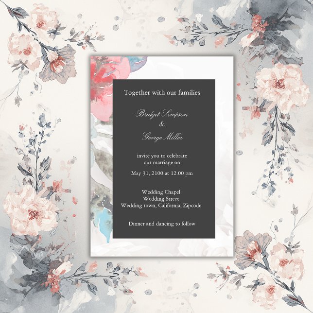Invitation mariage de rose d'aquarelle florale chic onyx noir (Créateur téléchargé)