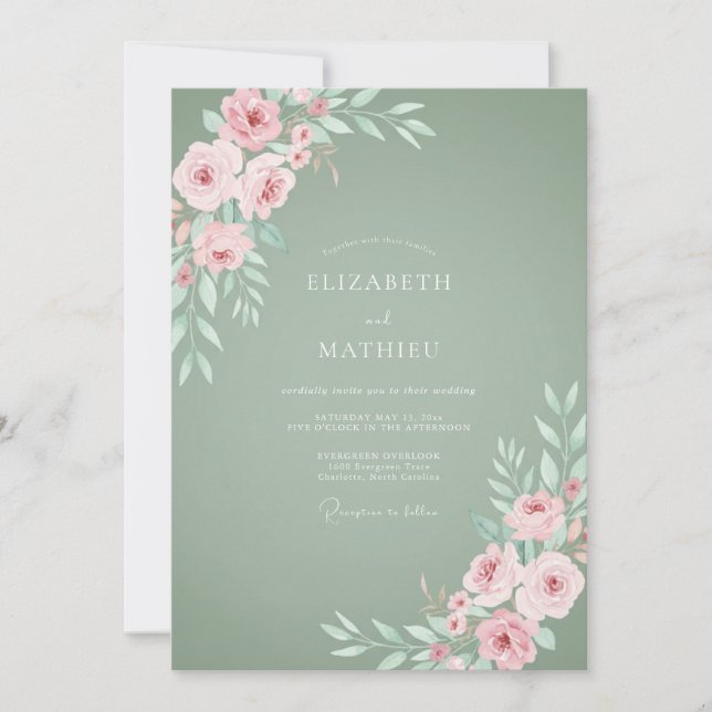 Invitation Mariage de rose délicate vert sauge (Devant)