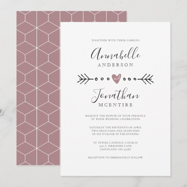 Invitation Mariage de Rose Dusty de coeur et de flèche de géo (Devant / Derrière)