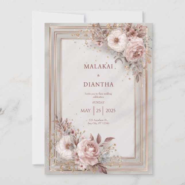Invitation Mariage de Rose et de trame or (Devant)