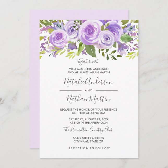 Invitation Mariage de Rose floral de lavande violette (Devant / Derrière)