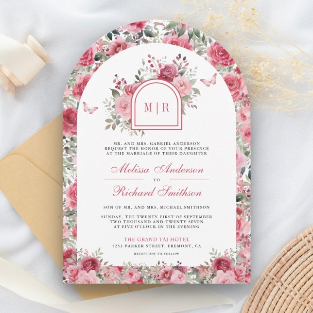 Invitation Mariage de roses rouges et roses papillon Arc de V (Créateur téléchargé)