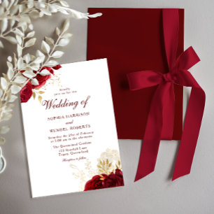 Invitation Mariage de Roses Rouges Intemporelles et Feuille d