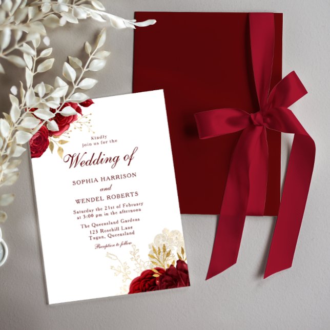Invitation Mariage de Roses Rouges Intemporelles et Feuille d (Créateur téléchargé)