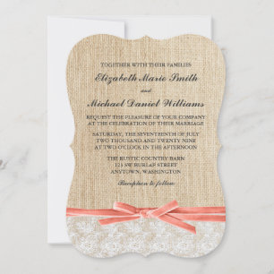 Invitation Mariage de ruban de corail à dentelle de Burlap