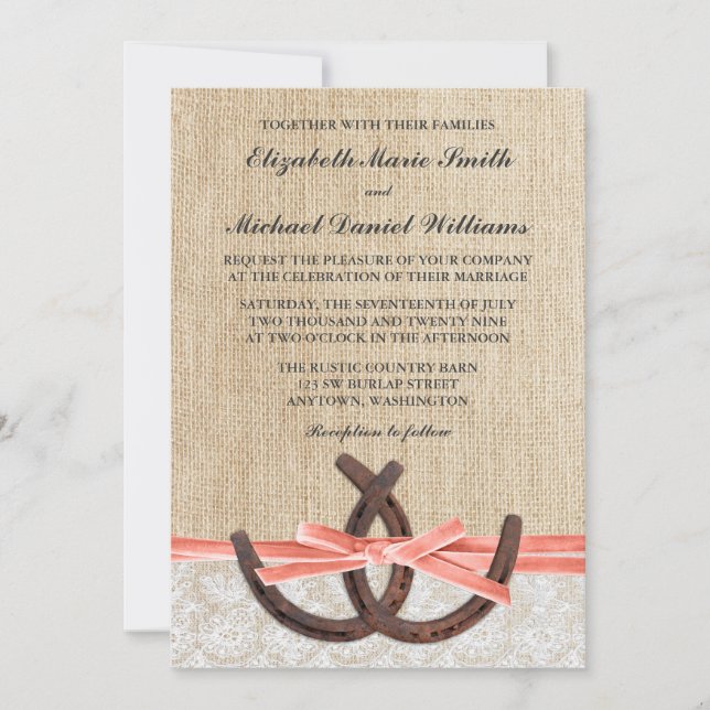 Invitation Mariage de ruban de corail en dentelle de Burlap r (Devant)