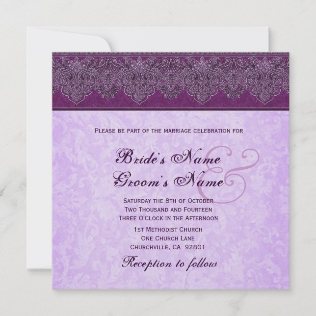 Invitation Mariage de ruban de Damas pourpre d'aubergine et d (Devant)