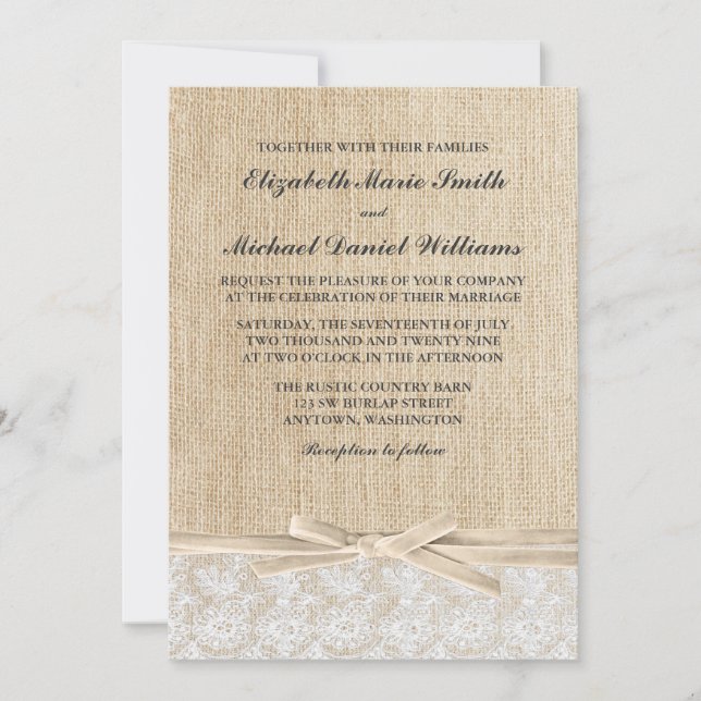 Invitation Mariage de ruban d'ivoire de dentelle de Burlap (Devant)