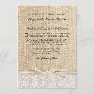 Invitation Mariage de ruban d'ivoire de dentelle de Burlap