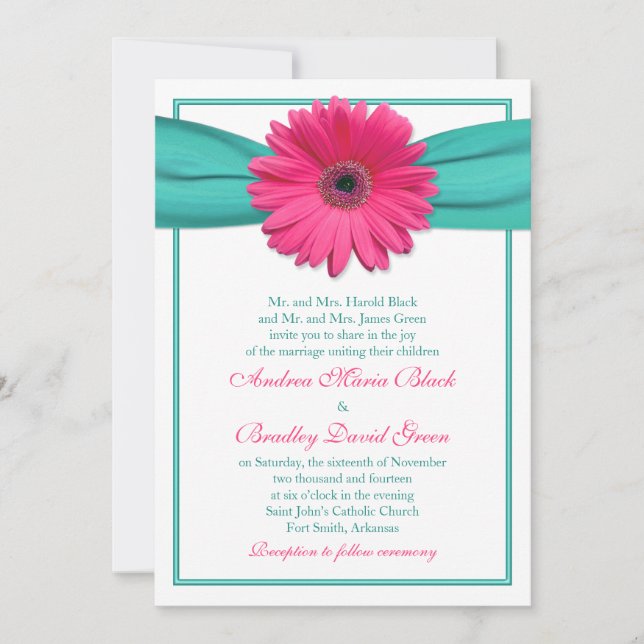 Invitation Mariage de ruban rose Gerbera Daisy Turquoise (Devant)