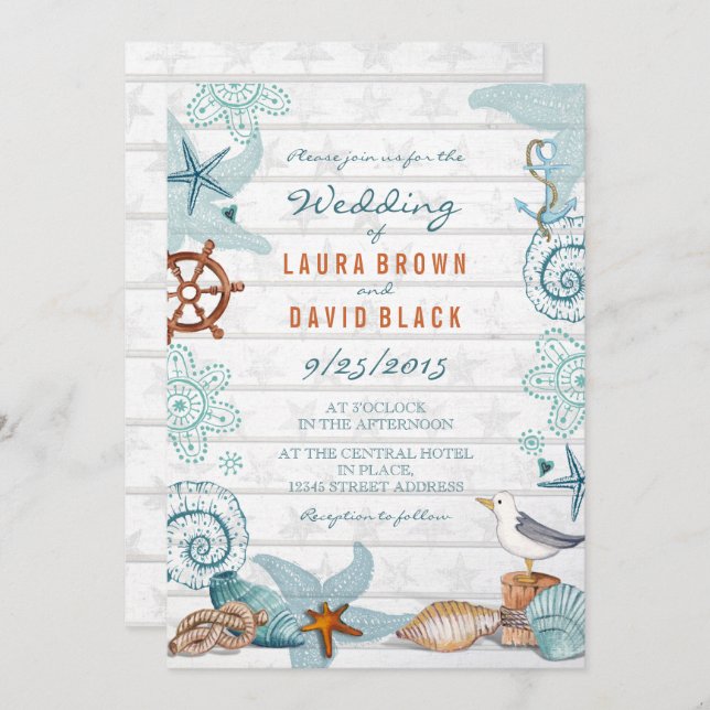 Invitation Mariage de sable de plage bleu rustique (Devant / Derrière)
