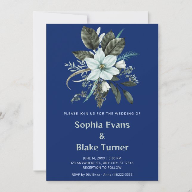 Invitation Mariage de saphir botanique floral bleu et vert (Devant)