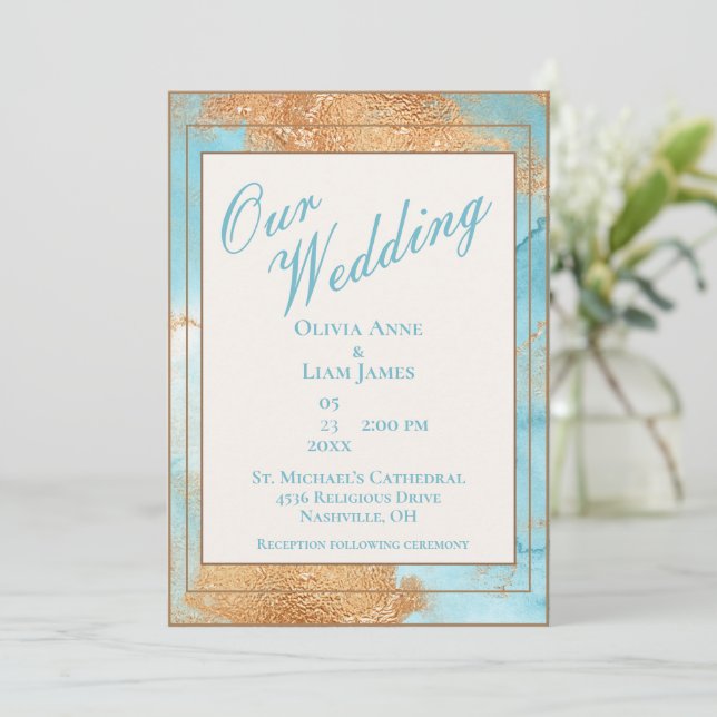 Invitation Mariage de script Abstrait Gold Turquoise (Debout devant)